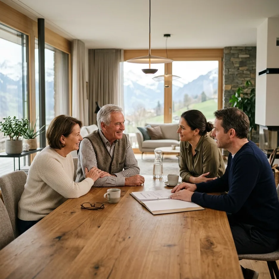 Vertrauensvolle Besprechung des Vorsorgeauftrages im Familienkreis am Esstisch